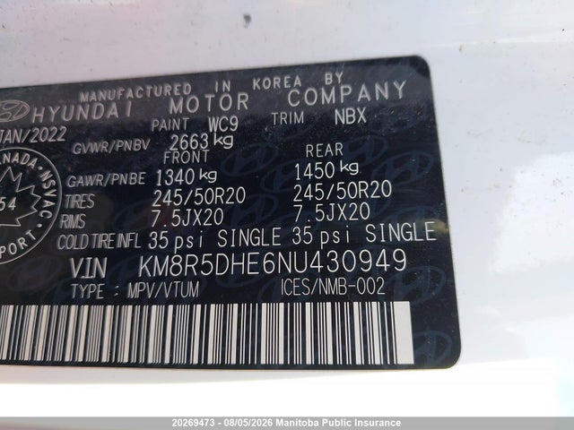 Продаж на аукціоні авто 2022 Hyundai Palisade Ultimate Calligraphy, vin: KM8R5DHE6NU430949, номер лоту: 20269473