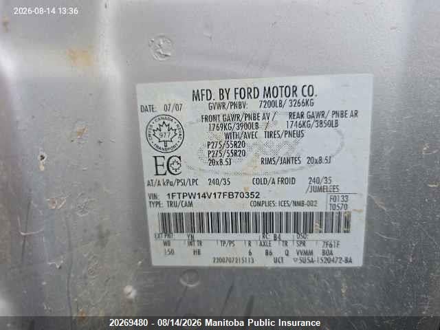 20269480 :رقم المزاد ، 1FTPW14V17FB70352 vin ، 2007 Ford F150 Fx4 Supercrew مزاد بيع