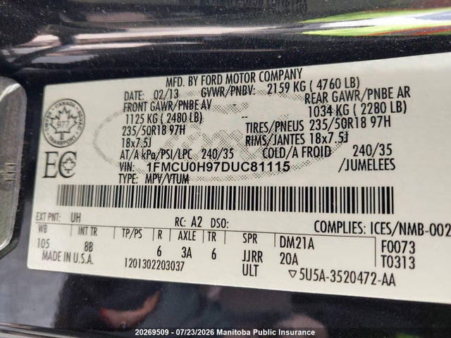 Продаж на аукціоні авто 2013 Ford Escape Sel, vin: 1FMCU0H97DUC81115, номер лоту: 20269509