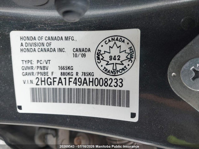 Aukcja sprzedaży 2010 Honda Civic Dx-g, vin: 2HGFA1F49AH008233, numer aukcji: 20269543