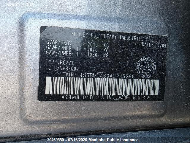Aukcja sprzedaży 2010 Subaru Legacy 2.5i, vin: 4S3BMGA60A3215290, numer aukcji: 20269550