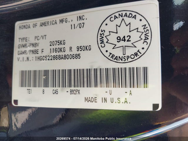 Aukcja sprzedaży 2008 Honda Accord Ex-l V6, vin: 1HGCS22868A800685, numer aukcji: 20269574