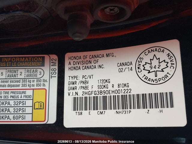 Aukcja sprzedaży 2014 Honda Civic Ex-l, vin: 2HGFG3B90EH001222, numer aukcji: 20269613