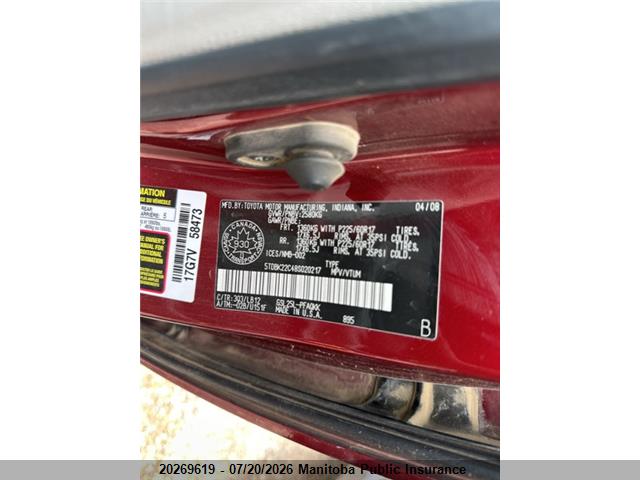 Продаж на аукціоні авто 2008 Toyota Sienna Xle Limited V6, vin: 5TDBK22C48S020217, номер лоту: 20269619