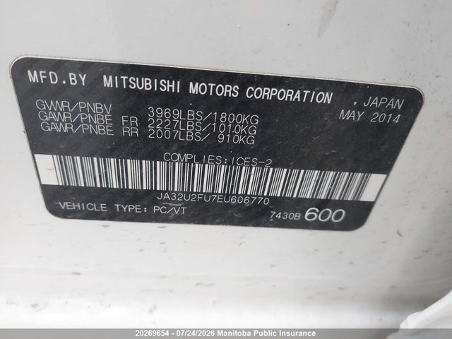 20269654 :رقم المزاد ، JA32U2FU7EU606770 vin ، 2014 Mitsubishi Lancer Gt مزاد بيع