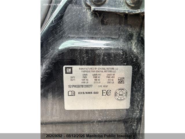 20269692 :رقم المزاد ، 1G1PH5S97B7288277 vin ، 2011 Chevrolet Cruze Ltz Turbo مزاد بيع