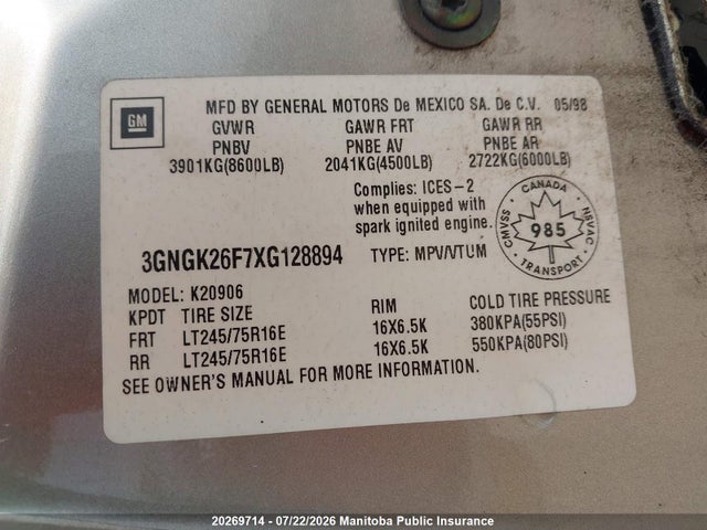 1999 Chevrolet K/v 20/2500 Suburban მანქანა იყიდება აუქციონზე, vin: 3GNGK26F7XG128894, აუქციონის ნომერი: 20269714