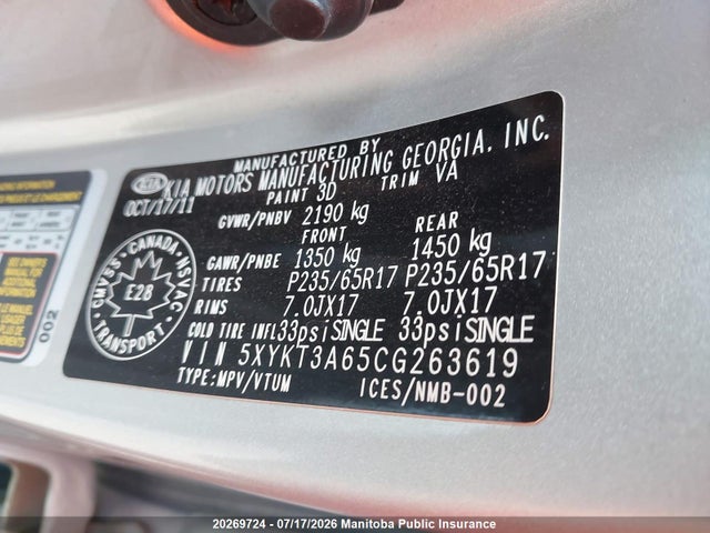 20269724 :رقم المزاد ، 5XYKT3A65CG263619 vin ، 2012 Kia Sorento Lx مزاد بيع