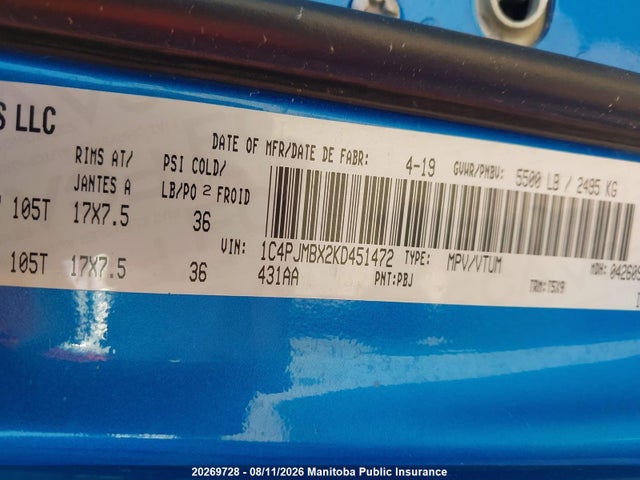 20269728 :رقم المزاد ، 1C4PJMBX2KD451472 vin ، 2019 Jeep Cherokee Trailhawk مزاد بيع