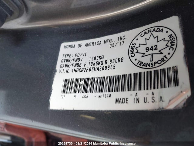 1HGCR2F06HA809855 Honda Accord Touring