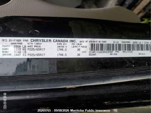 20269765 :رقم المزاد ، 2C4RC1CGXCR423787 vin ، 2012 Chrysler Town & Country Touring مزاد بيع