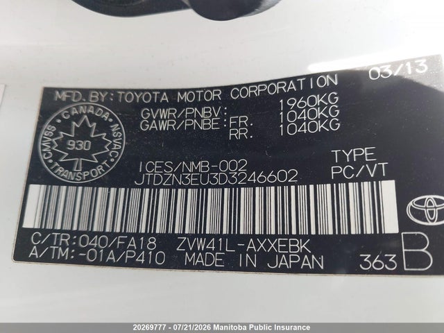 20269777 :رقم المزاد ، JTDZN3EU3D3246602 vin ، 2013 Toyota Prius V مزاد بيع