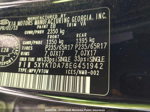 2014 Kia Sorento Lx V6 მანქანა იყიდება აუქციონზე, vin: 5XYKTDA78EG451942, აუქციონის ნომერი: 20269794