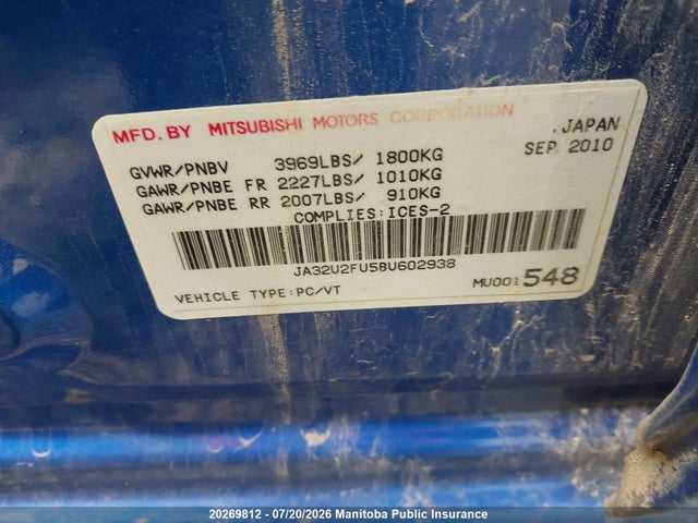 20269812 :رقم المزاد ، JA32U2FU5BU602938 vin ، 2011 Mitsubishi Lancer Se مزاد بيع