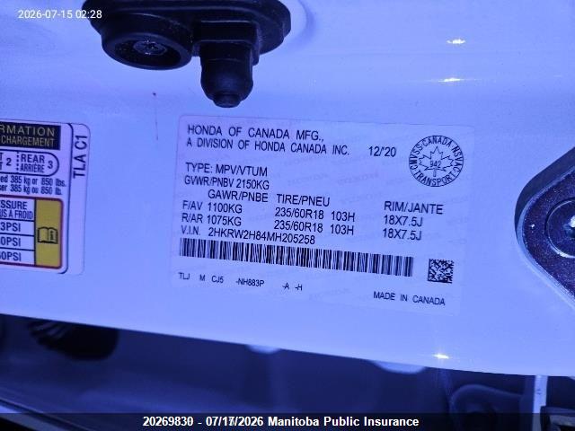 20269830 :رقم المزاد ، 2HKRW2H84MH205258 vin ، 2021 Honda Cr-v Ex-l مزاد بيع