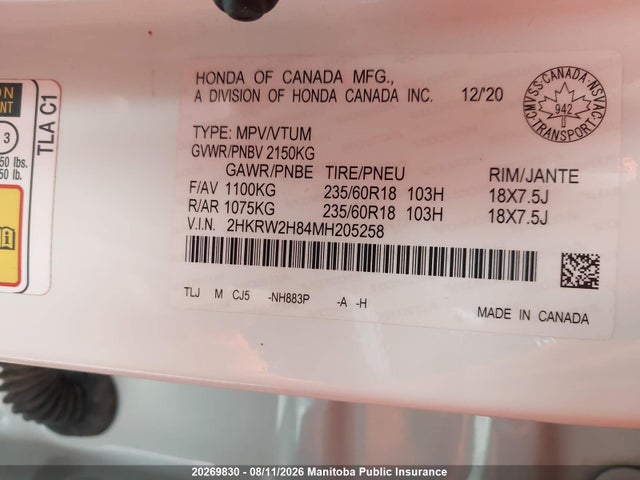 20269830 :رقم المزاد ، 2HKRW2H84MH205258 vin ، 2021 Honda Cr-v Ex-l مزاد بيع