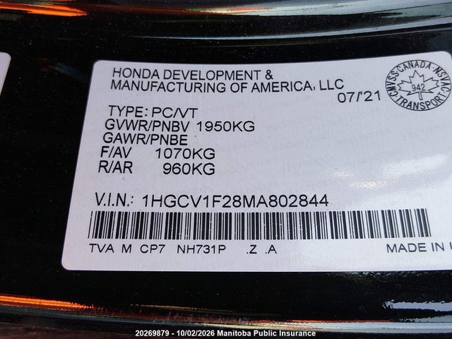 Aukcja sprzedaży 2021 Honda Accord Se, vin: 1HGCV1F28MA802844, numer aukcji: 20269879