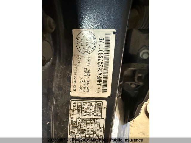 2007 Honda Civic Hybrid მანქანა იყიდება აუქციონზე, vin: JHMFA362X7S801176, აუქციონის ნომერი: 20269887
