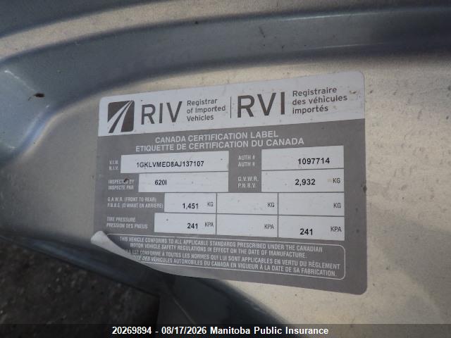 Aukcja sprzedaży 2010 Gmc Acadia Slt, vin: 1GKLVMED8AJ137107, numer aukcji: 20269894