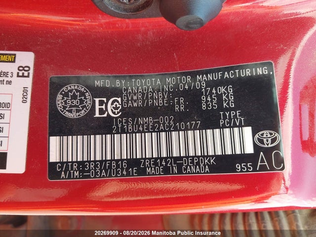 2010 Toyota Corolla Ce მანქანა იყიდება აუქციონზე, vin: 2T1BU4EE2AC210177, აუქციონის ნომერი: 20269909
