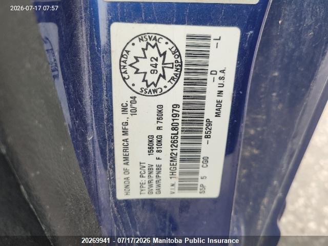 Aukcja sprzedaży 2005 Honda Civic Reverb, vin: 1HGEM21265L801979, numer aukcji: 20269941
