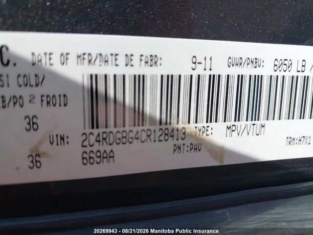 Aukcja sprzedaży 2012 Dodge Grand Caravan Se, vin: 2C4RDGBG4CR128413, numer aukcji: 20269943