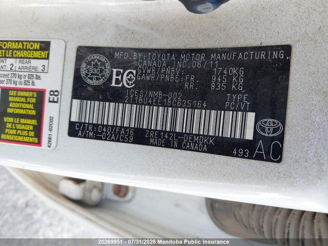 Продаж на аукціоні авто 2011 Toyota Corolla Ce, vin: 2T1BU4EE1BC635164, номер лоту: 20269951