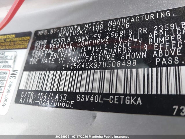 Продаж на аукціоні авто 2007 Toyota Camry Xle V6, vin: 4T1BK46K97U508498, номер лоту: 20269959