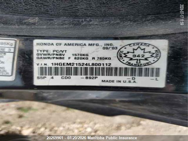 20269961 :رقم المزاد ، 1HGEM21524L800112 vin ، 2004 Honda Civic Lx مزاد بيع