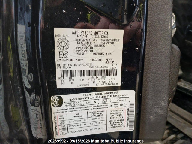 20269992 :رقم المزاد ، 1FTFW1EV4AFC00638 vin ، 2010 Ford F150 Fx4 Supercrew مزاد بيع