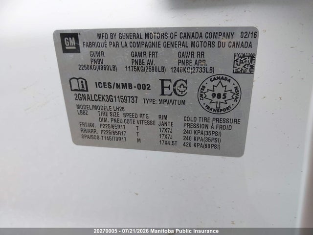Продаж на аукціоні авто 2016 Chevrolet Equinox Lt, vin: 2GNALCEK3G1159737, номер лоту: 20270005