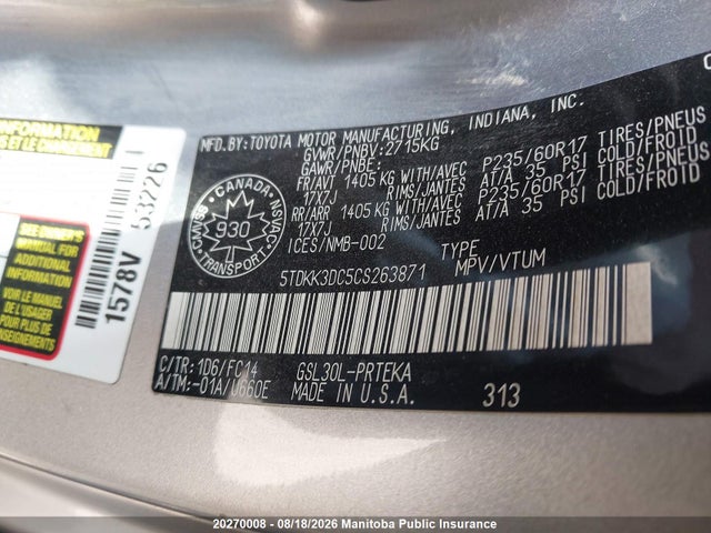 2012 Toyota Sienna Le V6 მანქანა იყიდება აუქციონზე, vin: 5TDKK3DC5CS263871, აუქციონის ნომერი: 20270008