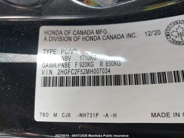 Продажа на аукционе авто 2021 Honda Civic Lx, vin: 2HGFC2F52MH007034, номер лота: 20270019