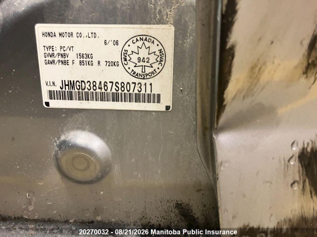 Aukcja sprzedaży 2007 Honda Fit Lx, vin: JHMGD38467S807311, numer aukcji: 20270032
