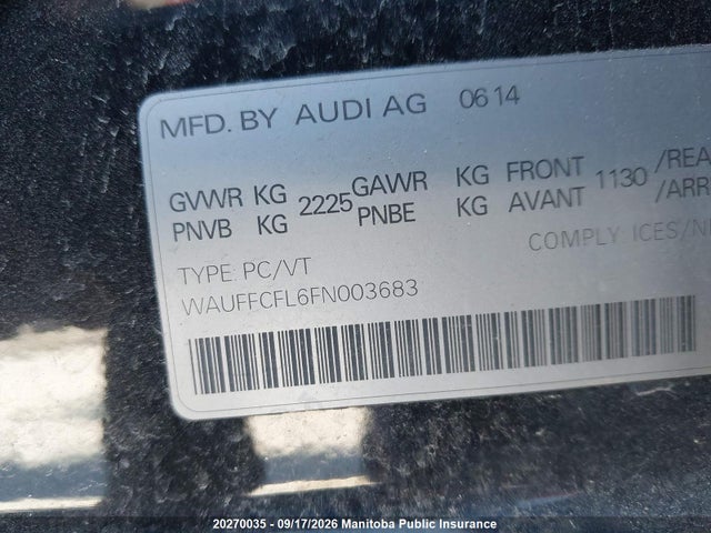 20270035 :رقم المزاد ، WAUFFCFL6FN003683 vin ، 2015 Audi A4 Progressiv 2.0 Tfsi Quattro مزاد بيع