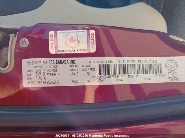 Продажа на аукционе авто 2019 Dodge Grand Caravan Crew, vin: 2C4RDGBG4KR701681, номер лота: 20270051