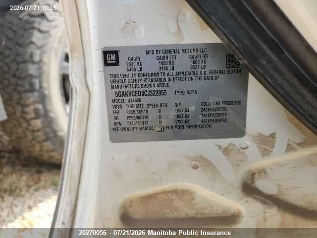 20270056 :رقم المزاد ، 5GAKVCED0CJ322855 vin ، 2012 Buick Enclave Cxl مزاد بيع