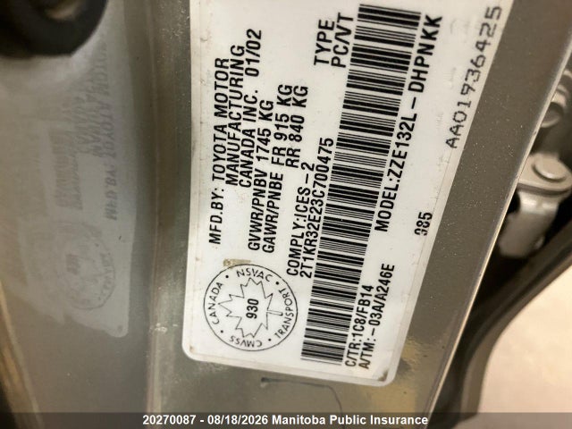 Aukcja sprzedaży 2003 Toyota Matrix Xr, vin: 2T1KR32E23C700475, numer aukcji: 20270087