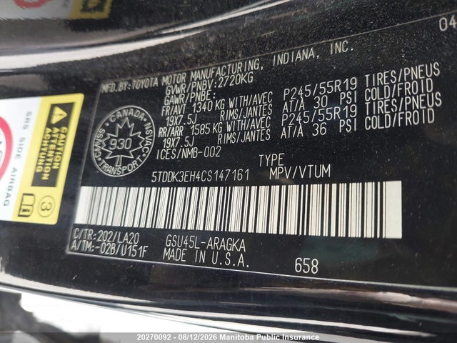 Aukcja sprzedaży 2012 Toyota Highlander Limited V6, vin: 5TDDK3EH4CS147161, numer aukcji: 20270092