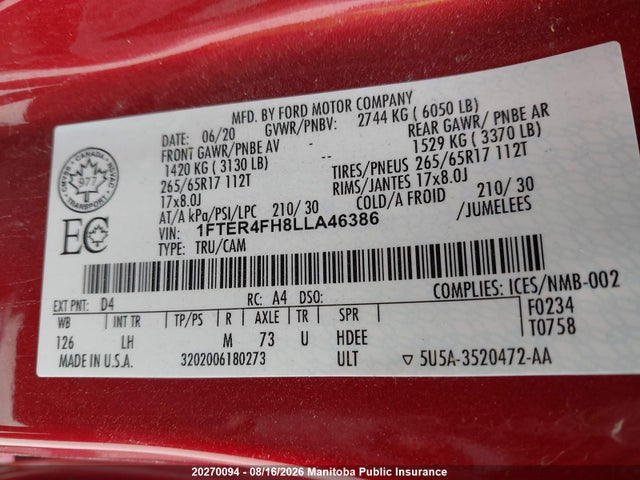 Ford Ranger Xlt Supercrew 2020 1FTER4FH8LLA46386 Image 9