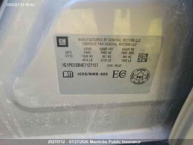 Aukcja sprzedaży 2014 Chevrolet Cruze Lt Turbo, vin: 1G1PE5SB4E7127157, numer aukcji: 20270112