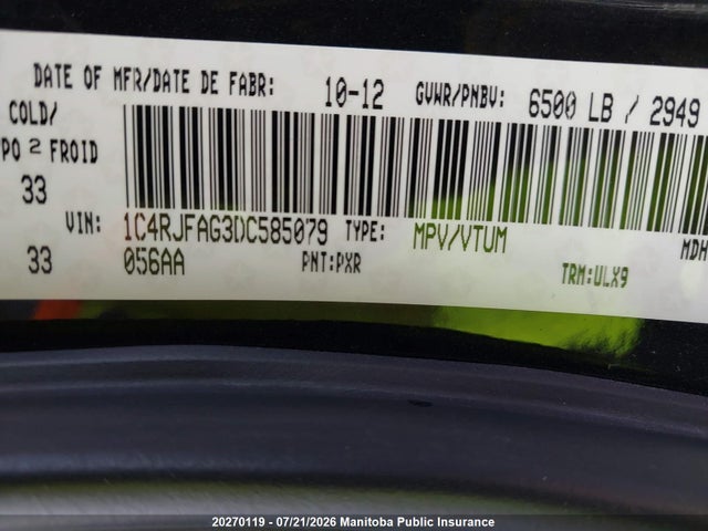 20270119 :رقم المزاد ، 1C4RJFAG3DC585079 vin ، 2013 Jeep Grand Cherokee Laredo مزاد بيع