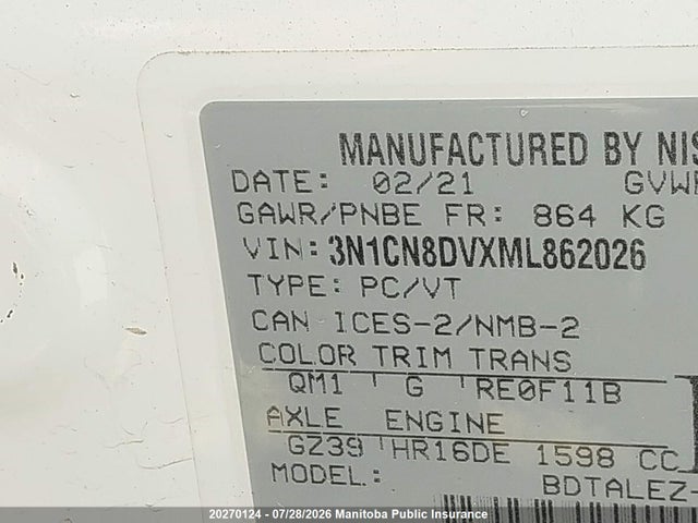 Продаж на аукціоні авто 2021 Nissan Versa 1.6 S, vin: 3N1CN8DVXML862026, номер лоту: 20270124