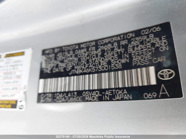2007 Toyota Camry Xle V6 მანქანა იყიდება აუქციონზე, vin: JTNBK46K573001538, აუქციონის ნომერი: 20270140