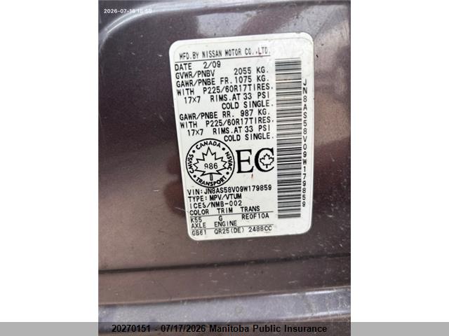 2009 Nissan Rogue Sl მანქანა იყიდება აუქციონზე, vin: JN8AS58V09W179859, აუქციონის ნომერი: 20270151