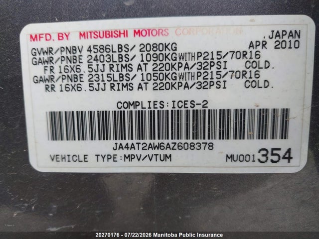 Aukcja sprzedaży 2010 Mitsubishi Outlander Es, vin: JA4AT2AW6AZ608378, numer aukcji: 20270176