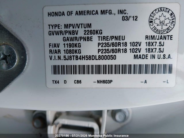 Aukcja sprzedaży 2013 Acura Rdx, vin: 5J8TB4H58DL800050, numer aukcji: 20270186