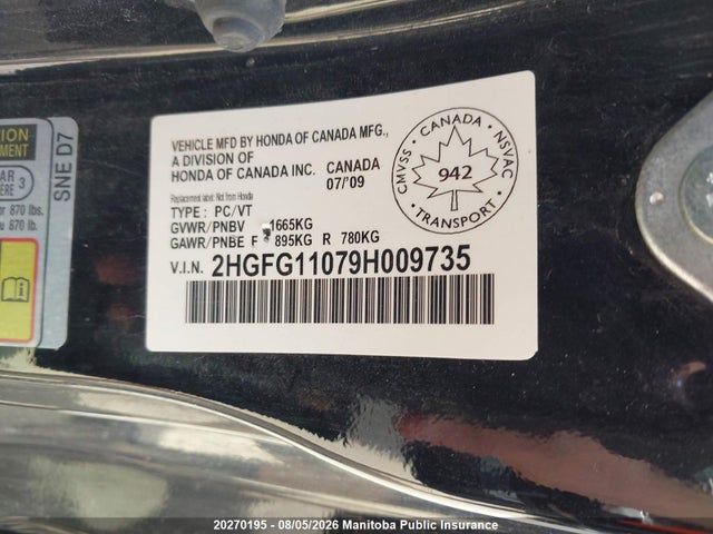 2009 Honda Civic Ex-l მანქანა იყიდება აუქციონზე, vin: 2HGFG11079H009735, აუქციონის ნომერი: 20270195