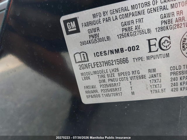 2GNFLFE37H6215666 Chevrolet Equinox Lt V6