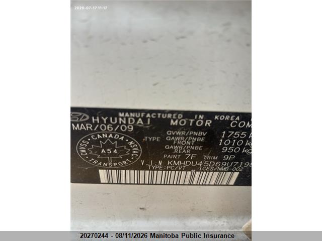 20270244 :رقم المزاد ، KMHDU45D69U719876 vin ، 2009 Hyundai Elantra Gl مزاد بيع